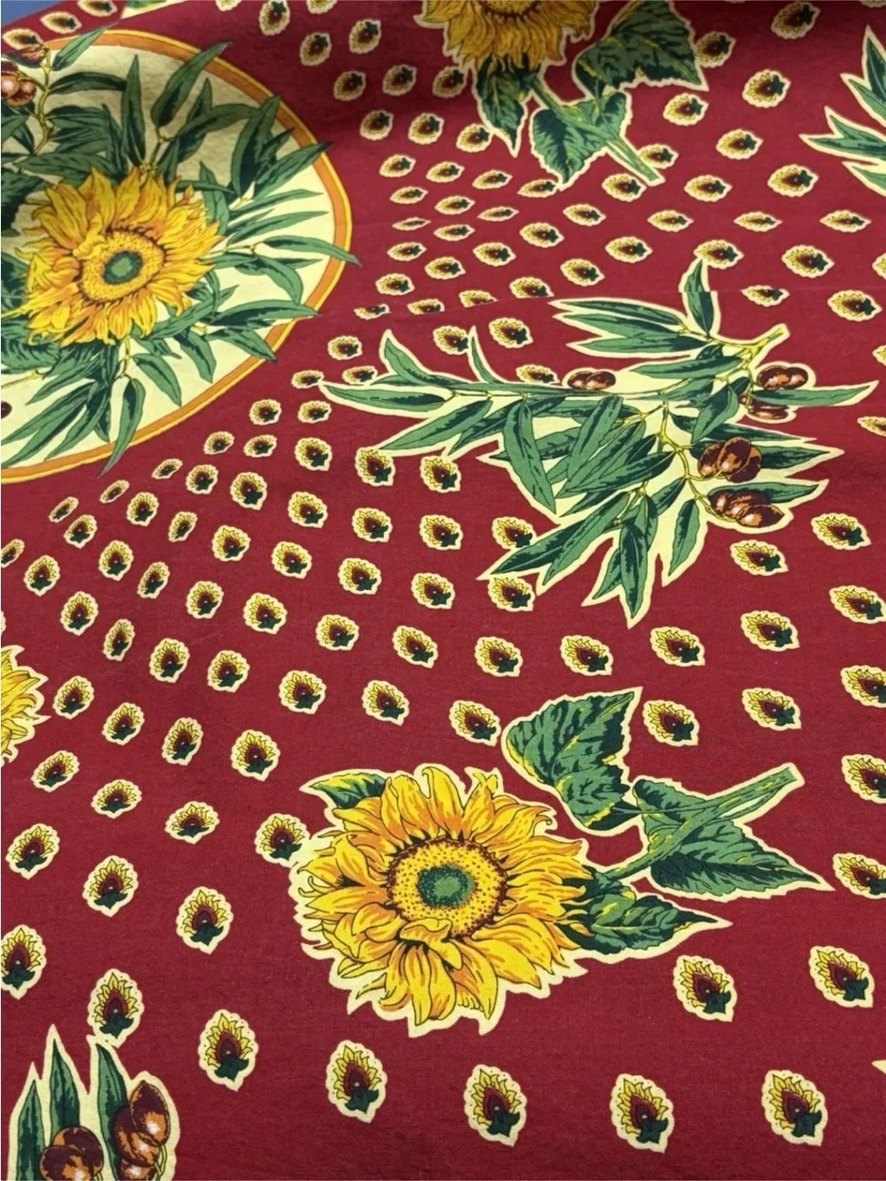 VENT du Sud Provence red/yellow 82” X 55” tablecloth Sunflower/Olive branch
